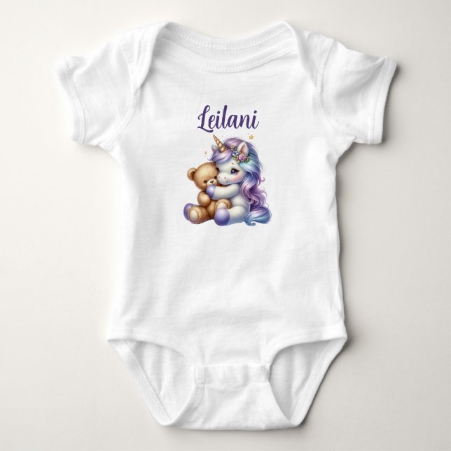 Personalisiertes Einhorn und Teddy Bear Baby Bodys Baby Strampler (Vorderseite)