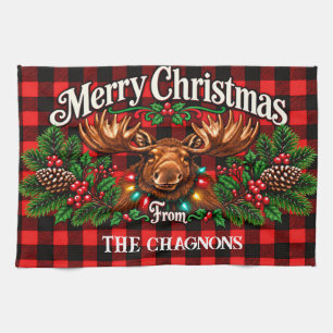 Personalisiertes Elch-Weihnachtentuch, rotes Buffa Geschirrtuch