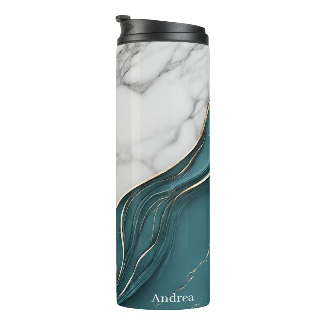 Personalisiertes elegantes Aquamarines Goldmarmor Thermosbecher (Nach rechts gedreht)