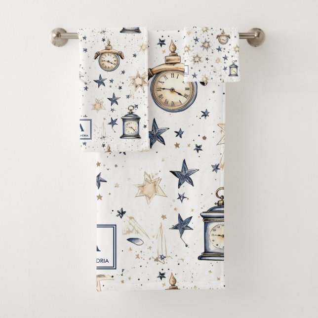 Personalisiertes elegantes Blue & Gold Stars Muste Badhandtuch Set (Insitu)