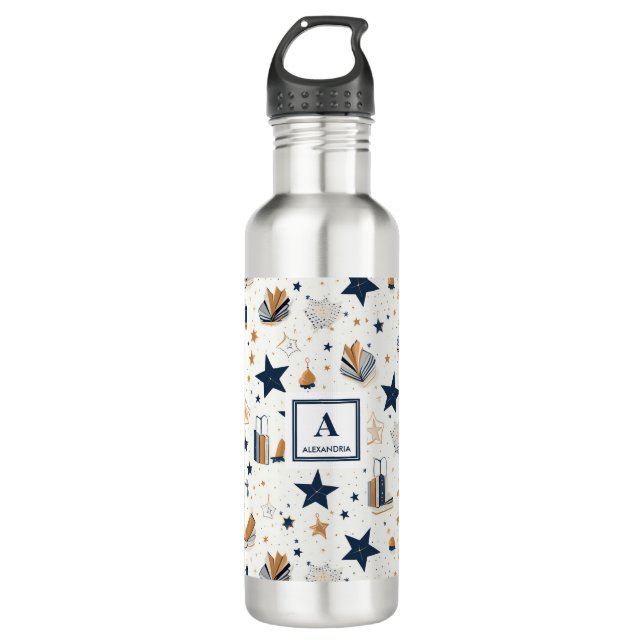 Personalisiertes elegantes Blue & Gold Stars Muste Edelstahlflasche (Vorderseite)