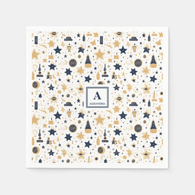 Personalisiertes elegantes Blue & Gold Stars Muste Serviette (Vorderseite)