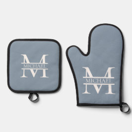 Personalisiertes elegantes Dusty Blue Monogram und Ofenhandschuh & Topflappen-Set