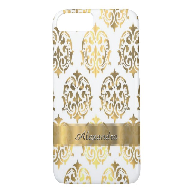 Personalisiertes elegantes Gold und weißer Damast Case-Mate iPhone Hülle (Rückseite)