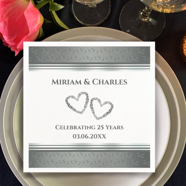 Personalisiertes Elegantes Herz Silber 25 Jahre Ju Serviette (Add couple’s names for personalized faux silver 25th anniversary party napkins. Elegant heart decor.)
