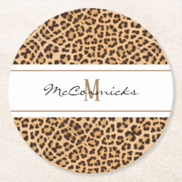 Personalisiertes, elegantes Leopard Print Monogram Runder Pappuntersetzer