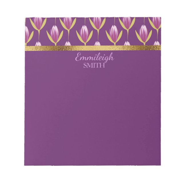 Personalisiertes Elegantes Lila Flora und Gold Notizblock (Vorderseite)