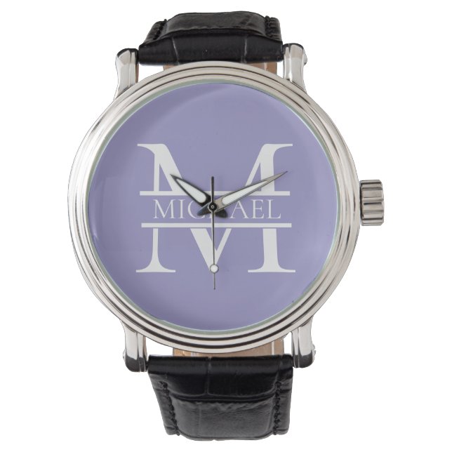 Personalisiertes elegantes Lila Monogramm und Name Armbanduhr (Vorderseite)