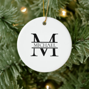 Personalisiertes elegantes Monogramm und Name weiß Keramik Ornament