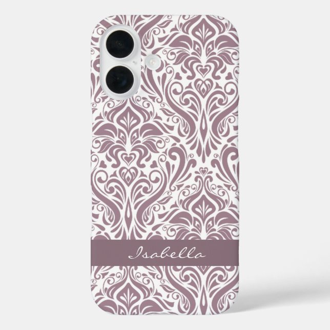 Personalisiertes elegantes Old Lavender Damask Mus iPhone 16 Hülle (Rückseite)