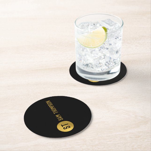 Personalisiertes elegantes Schwarz & Gold Modernes Runder Pappuntersetzer (Vor Ort)