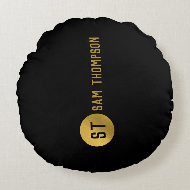 Personalisiertes elegantes Schwarz & Gold Modernes Rundes Kissen (Vorderseite)
