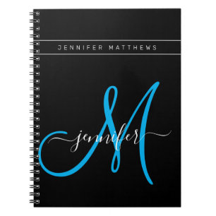 Personalisiertes elegantes Script Blue Black Monog Notizblock