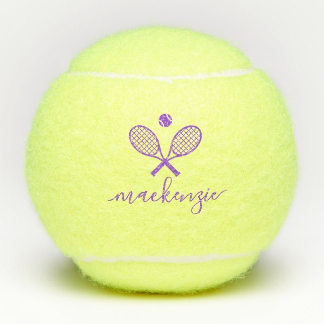Personalisiertes, elegantes Skript Lila, überkreuz Tennisbälle (Vorderseite)
