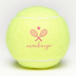Personalisiertes, elegantes Skript Text Rosa Tenni Tennisbälle<br><div class="desc">Personalisierte Tennisbällchen mit hellrosa,  nach Maß bedrucktem Namen oder in einem femininen,  gürtelmädchenhaften und modernen hübschen Drehbuch-Schriftart und 2 gekreuzten Tennisschläger Monogramm. Jeder weibliche Tennisspieler würde den eleganten Look dieser modernen mit Monogramm Übungsbälle schätzen.</div>