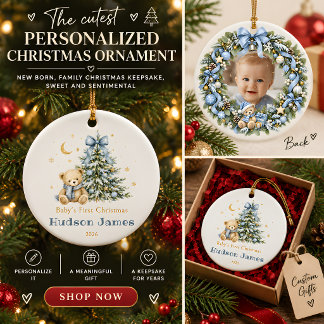 Personalisiertes erstes Weihnachten-Foto für Babyj Keramik Ornament