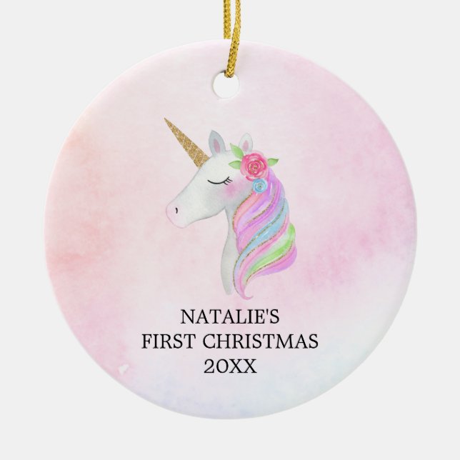 Personalisiertes erstes Weihnachtskind Unicorn Keramik Ornament (Vorne)