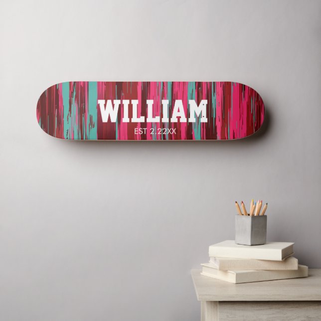 Personalisiertes Est  Farbige Abstrakte Rot & Pink Skateboard (Wandkunst (Horz))