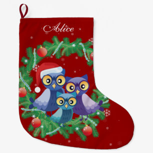 Personalisiertes Eulenfamilie Wreathrot Großer Weihnachtsstrumpf