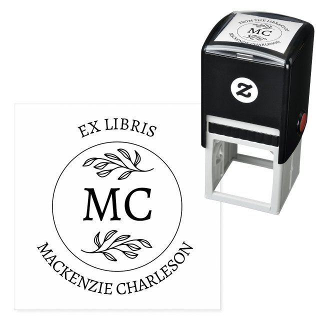 Personalisiertes Ex Libris Bibliothek Monogramm Bu Permastempel (Botanical Leaf classical monogram initial personalized Ex Libris from the library of self ink stamp)