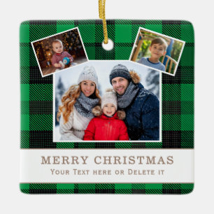 Personalisiertes Familien-3-Foto-grün kariertes We Keramikornament