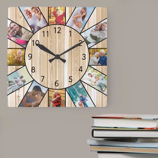 Personalisiertes Familienfoto Kiefernholz Quadratische Wanduhr (Photo clock with 12 photos, one at each hour. Great design for your home or a thoughtful photo gift.)