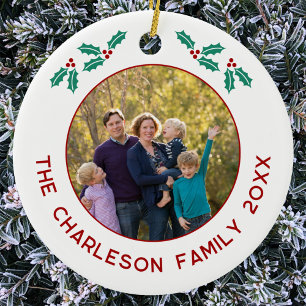 Personalisiertes Familienfoto Name Jahr Stechpalme Keramik Ornament