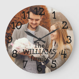 Personalisiertes Familienfoto und Name Große Wanduhr