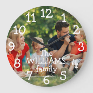 Personalisiertes Familienfoto und Name Große Wanduhr