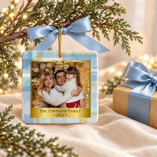 Personalisiertes Familienfoto Weihnachten Blau & G Keramikornament