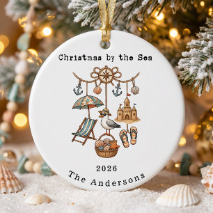 Personalisiertes Familienweihnachten am Meer Keramik Ornament