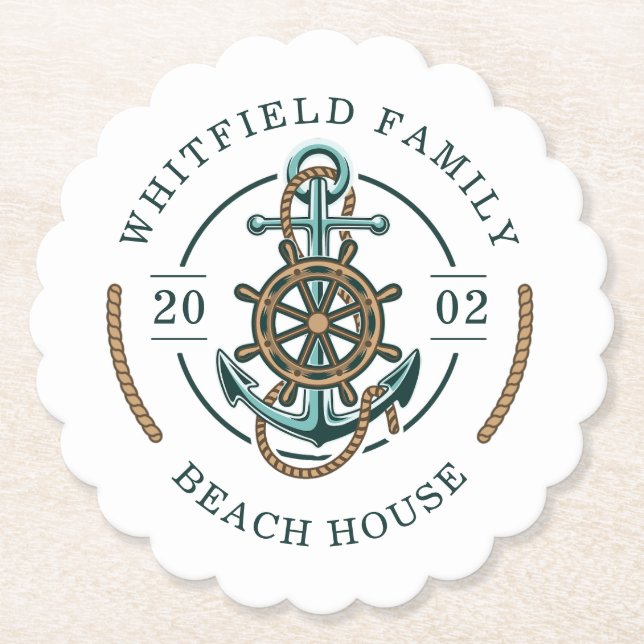 Personalisiertes Family Beach House Nautic Untersetzer (Vorderseite)