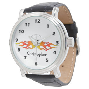 Personalisiertes Fantasy-Kunst-Totenkopf- und Flam Armbanduhr