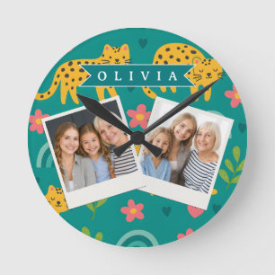 Personalisiertes Farbige Spaß Leopard Dschungel Na Runde Wanduhr