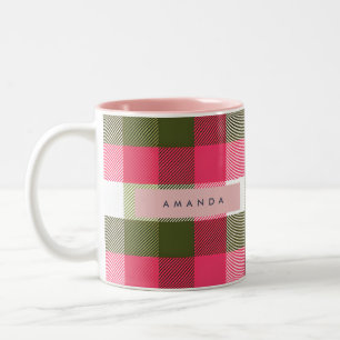 Personalisiertes Festliches Rosa und Grün Kariert Zweifarbige Tasse