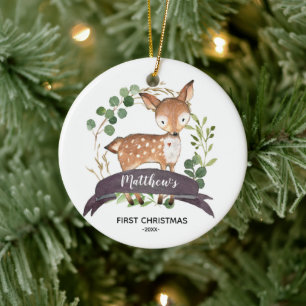 Personalisiertes First Christmas Baby BoyWoodland Keramik Ornament