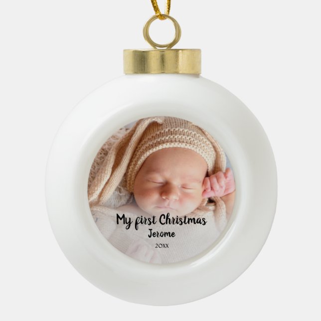 Personalisiertes First Weihnachten Foto Keramik Kugel-Ornament (Vorderseite)