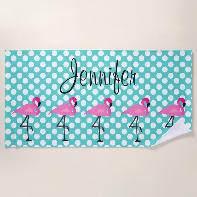 Personalisiertes Flamingo-und Polka-Punkt-Badetuch Strandtuch (Vorderseite)