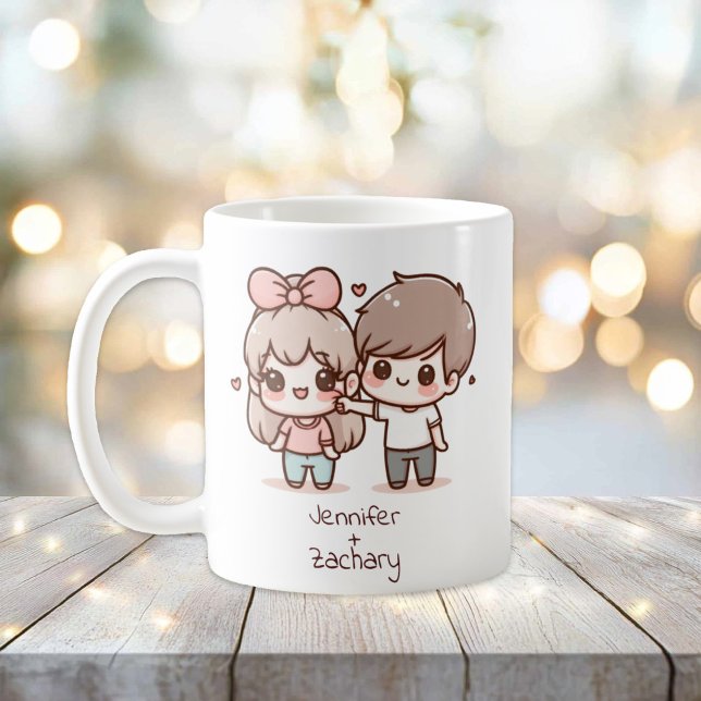 Personalisiertes Flirting Couple im Chibi-Stil Kaffeetasse (Personalized Chibi-Style Flirting Couple Mug)