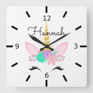 Personalisiertes Floral Lächeln Einhorn Quadratische Wanduhr