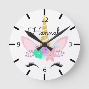 Personalisiertes Floral Lächeln Einhorn Runde Wanduhr