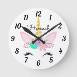 Personalisiertes Floral Lächeln Unicorn Runde Uhr