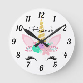 Personalisiertes Floral Lächeln Unicorn Runde Uhr