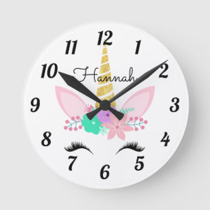 Personalisiertes Floral Lächeln Unicorn Runde Uhr