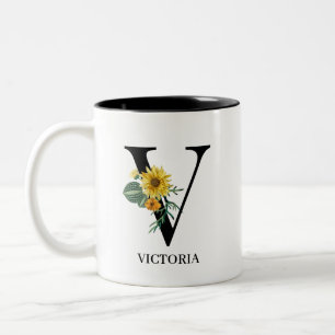 Personalisiertes florales Alphabet V Monogramm Zweifarbige Tasse