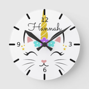 Personalisiertes florales Lächeln Caticorn Runde Wanduhr