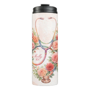 Personalisiertes Florales Rosa-Rosen-Stethoskop  Thermosbecher