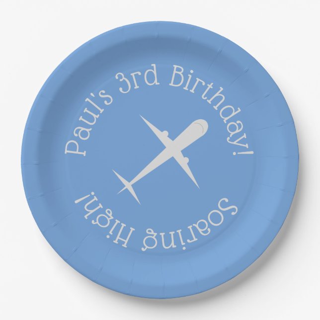 Personalisiertes Flugzeug in blau, steil in die Hö Pappteller (Vorderseite)