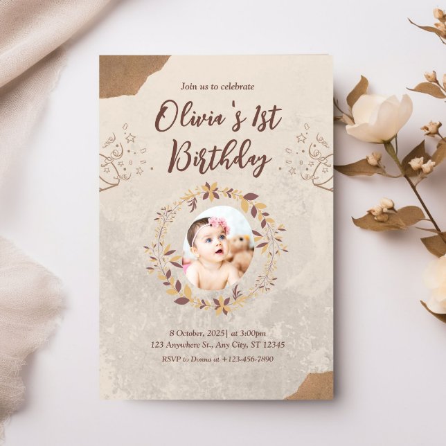 Personalisiertes Foto 1. Geburtstag braun Einladung (Von Creator hochgeladen)