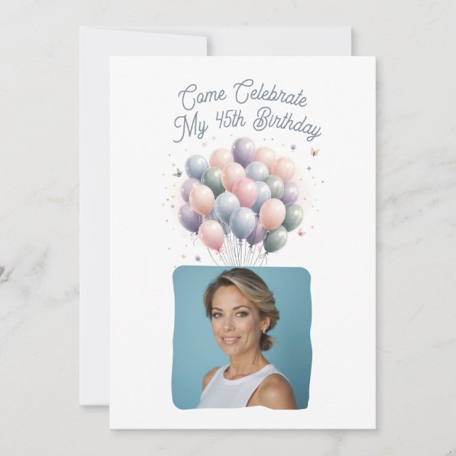 Personalisiertes Foto 45. Geburtstag Balloons Einladung (Vorderseite)